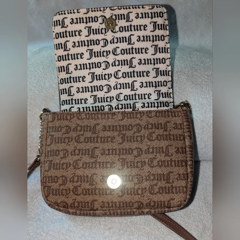 Juicy Couture  Gothic Logo Chestnut Chino statement flap crossbody bag.